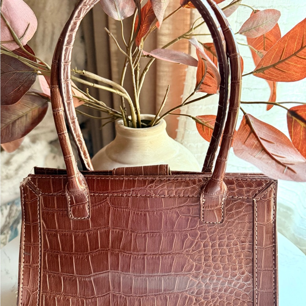Vintage Liz Claiborne Brown Faux Croc Embossed Top Handle Satchel Bag - Picture 5 of 8